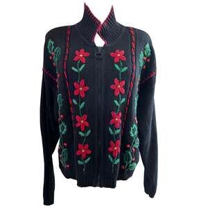 Vintage 90s Work In Progress Beaded Poinsettia Cardigan Zip Sweater L Holiday